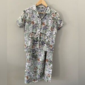 Vintage Floral Short Sleeve Button Front Blouse w Matching Midi Skirt Set